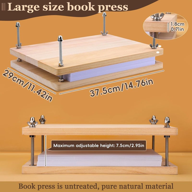 JUPEAN 45 Pcs Book Binding Kits, Bookbinding Kit Large Book Press 14.76”x11.42” with Books Binding Materials Bone Folder Tool Bind Cloth Webbing Strap and Storage Bag for Repair - Image 3